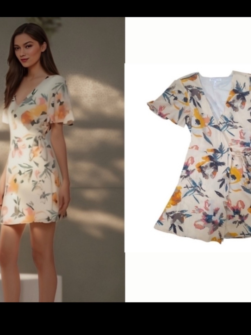 BCBGeneration Cream Floral Wrap Mini Sun Dress with Yellow & Pink Accents